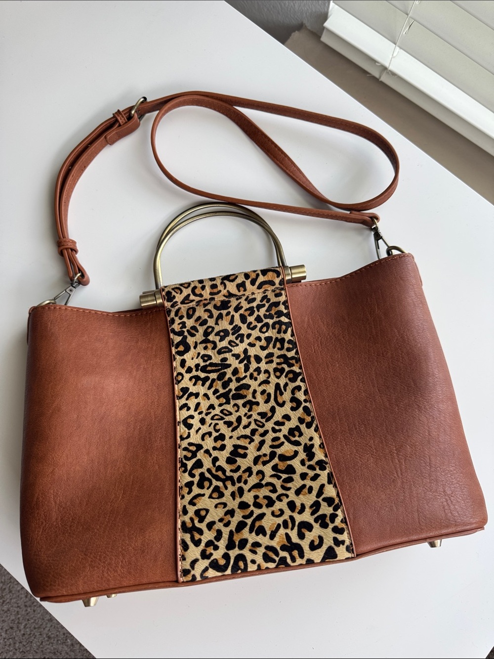Tan Leather Shoulder Bag with Leopard Accent
